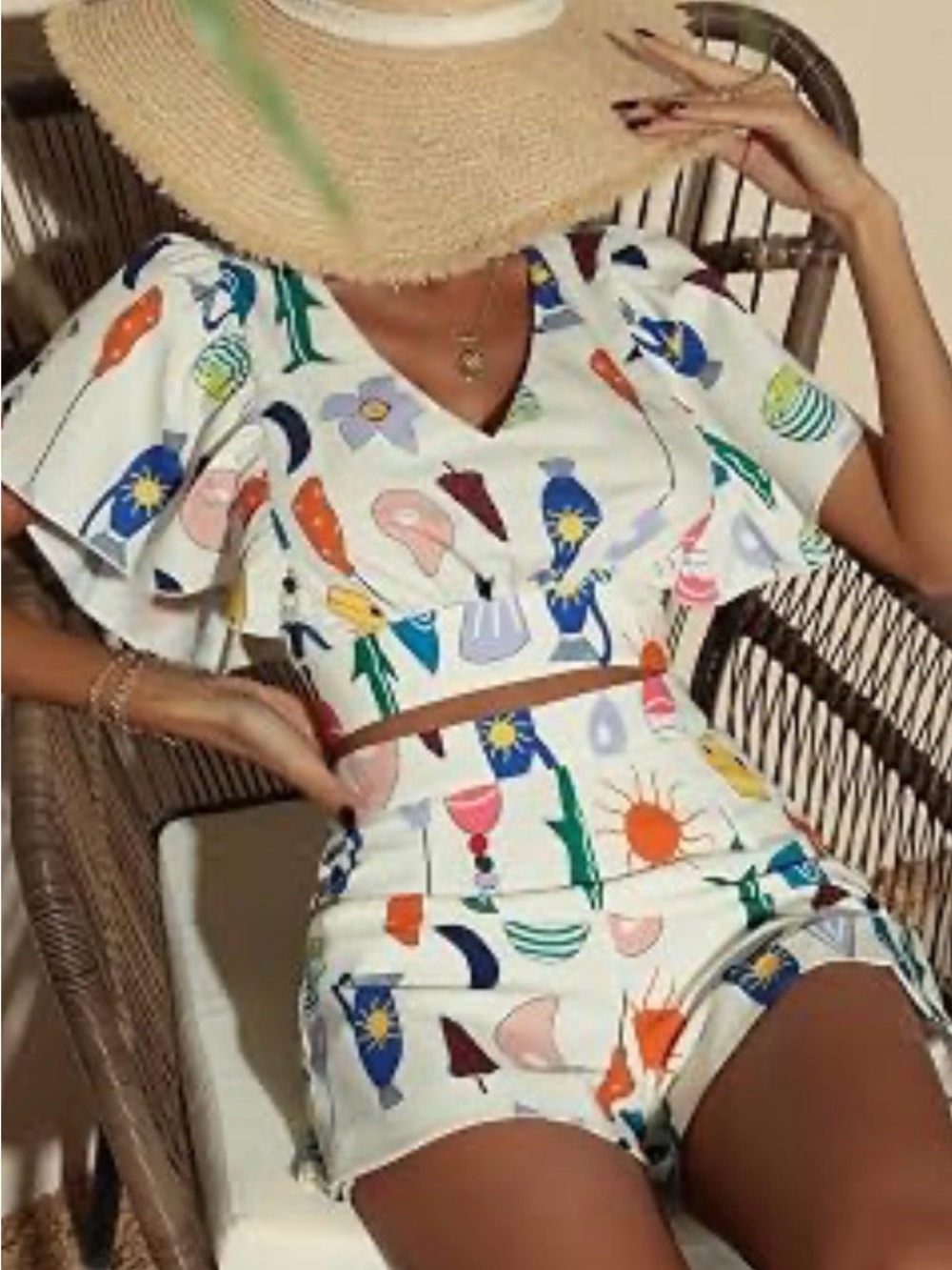 SHEIN White Multicolor Printed Short Short Set